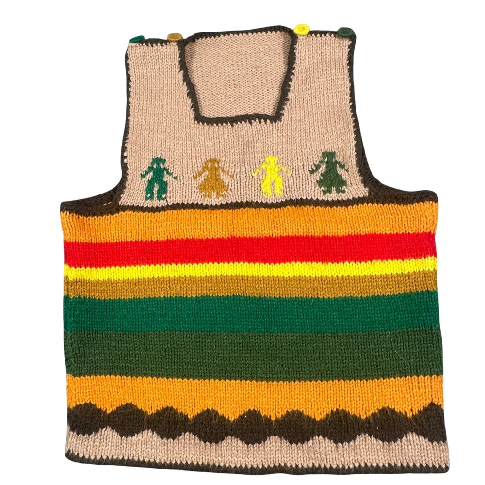 Vintage Hand Knit Striped Sweater Vest Bohemian Square Neck Multi Color Small